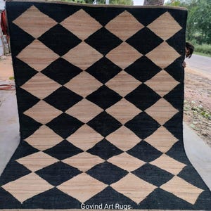 6x8 Ft Natural And Black Hemp Rug, Large Dimond Jute Rug, Jute Runner Rug, Rugs Jute, Handknotted Rug, Jute Area Rug, Living Room Rug