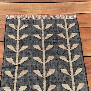 4x6 Ft Jute Cotton Rug, Handmade Black /Beige Rug Natural Jute Flower Cotton Hemp Rug, Vintage Jute Rug, Area Rug, Custom Size Rug,