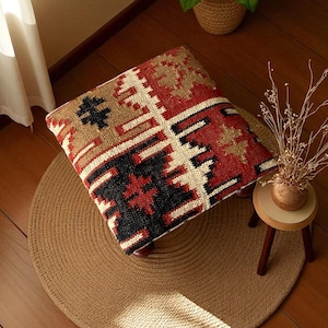 Tribal Kilim Footstool, Rectangle Ottoman Pouf, Patterned Turkish Bench, Handmade Kilim Rug Stool, Striped Upholstered Seat -w\j2003