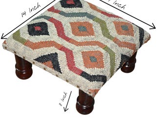 Reposapiés Kilim vintage, taburete plegable rústico de lana y yute, silla de dormitorio, banco para sentarse, otomana Kilim hecha a mano, taburete decorativo Bogo