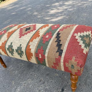 Multicolor Wool Jute Kilim Bench, Kilim Ottoman, Sitting Bench, Handmade furniture, Piano bench, Hallway bench, Ottoman bench, Bedroom bench