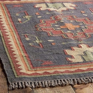 Handmade Kilim Rug,Aztec Rug, Accent Rug, Outdoor Rug/Indoor Rug, Living/Dinning Room 4X6 Ft. Wool Jute Kilim Rug, Indian Dhurrie Rug