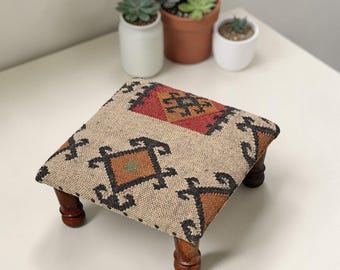Handmade Kilim Footrest Stool, Wool Jute Ottoman, Wooden Frame Foot Stool, Boho Kilim Pouf, Upholstered Stool, Living Room Entryway Decor