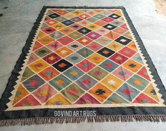 Kilim Rug, Multicolor Handwoven, Wool and Jute Rug Handmade, Kilim Dhurrie Rug, Traditional Indian jute Area rug