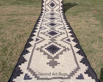 Handwoven Wool Jute Kilim Runner, Black White Geometric Hallway Rug, Custom Size Available