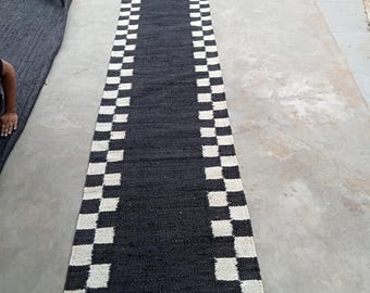 Black Hemp Jute Runner - Handmade- White Chek Hallway Runner, Boho Jute Carpet, Area Rug, Eco Friendly Rug, Custom Runner, 2x22, 2.6x30 Ft
