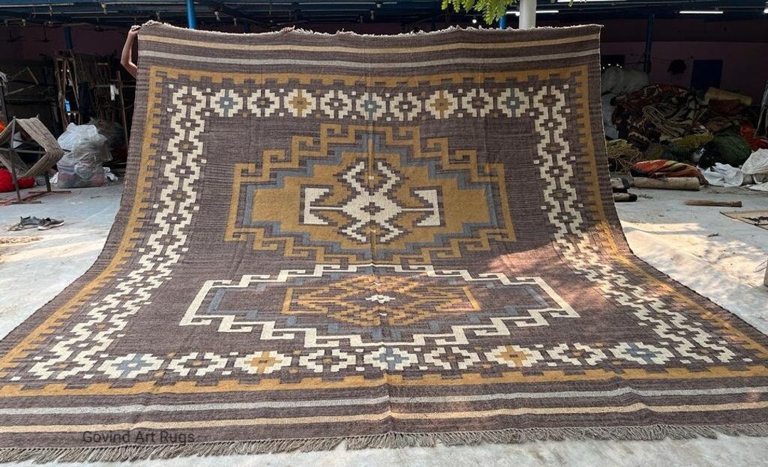 Handwoven Wool Jute Area Rug, Kilim Rug, Wool Jute Kilim Rug, Jute Area