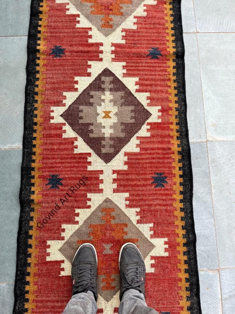 Handmade Kilim Runner, Multicolor Jute Rug wool rug Kilim Dhurrie traditional , Custom Runner,2.5x22,2.5x26,2.5x30 Feet. Stair Red Runner zdjęcie 7