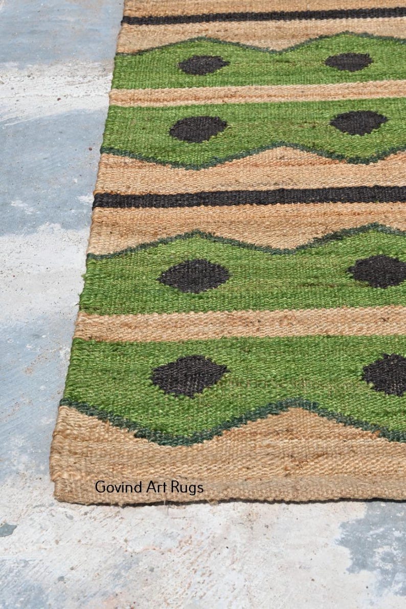 Handmade Green Hemp Jute Runner - Tufted Geometric Hallway Rug - 2x6 2x10 2x20 Custom Size Stair Runner - Natural Fiber Boho Area Rug image 11