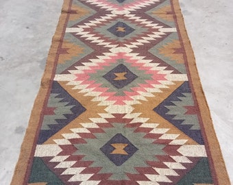Alfombra Kilim Dhurrie de lana y yute tejida a mano multicolor, con motivos orientales, tradicionales, indios, geométricos, turcos, decoración del hogar.
