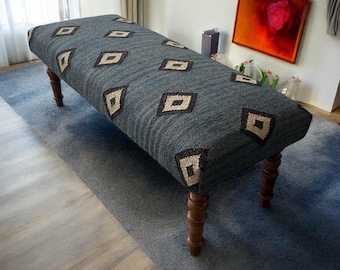 Boze oogpatroon gestoffeerde kelimbank, vintage zitbank, kelim-poef, bank van 120 cm