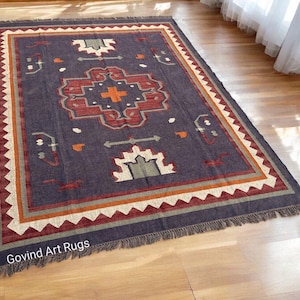 Kelimtapijt, handgeweven, wol- en jutetapijt handgemaakt, kelim Dhurrie-tapijt, traditioneel Indiaas jutetapijt 9 x 12, vloerkleed slaapkamer 10 x 10