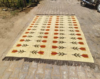 Hand Knitted Wool Jute Rug - Jute AREA; Rug, Boho Home Decor Wool Jute Kilim Rug, Vintage Area Rug, NAavajo Flatweave Rug