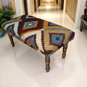 Soft Wool And Cotton Wooden Kilim Bench, Footstool Bench, Aztec Bench, Farmhouse Decor, Entry Bench, Ottoman Upholstered Bench, Handmade
