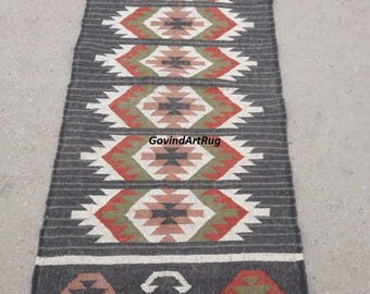 Multi Sizes Runner Rug for Stairs | Handwoven Geometric Indian Kilim | Eco-Friendly & Sustainable | Kitchen, Bedside, Hallway, Entry, Custom