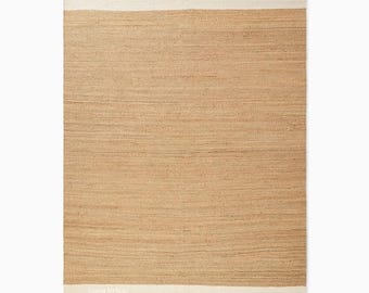 Handvävd hampamatta Dhurrie, Handflätad hampamatta i naturlig jute, Hampajutematta, Sängmatta i jute, Matta med antik vit kant, Traditionell,