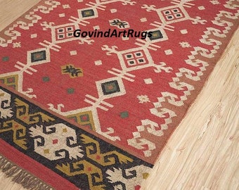 Handwoven Wool Jute Kilim Rug, White Kilim Rug, Wool Jute Rug, Hallway/Livingroom Kilim Rug, Navajo Rug Outdoor/Indoor Rug, Indian Kilim Rug