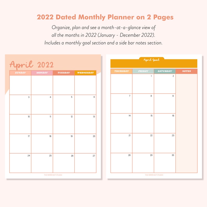 2022 Monthly Planner Printable Printable Planner Pages Etsy