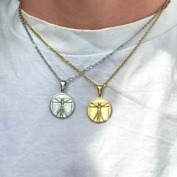 Leonardo Da Vinci Kette mit Vitruvianischer Mensch als Anhänger, Renaissance Kunst Kette, Vitruvius Mann, Sterling Silber, Geschenkidee