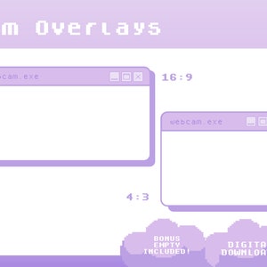 May include: Two purple pixelated webcam overlays, one in 16:9 aspect ratio and one in 4:3 aspect ratio, with the text "webcam.exe" at the top of each. The overlays are designed to look like a Windows window with a title bar and minimize, maximize, and close buttons. The text "BONUS EMPTY INCLUDED!" and "DIGITAL DOWNLOADS" are at the bottom of the image.