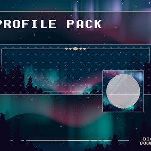May include: A digital profile pack with a dark blue background featuring a green and purple aurora borealis, a silhouette of trees, and the text "PROFILE PACK" in a pixelated font. The pack includes a banner and a profile picture.