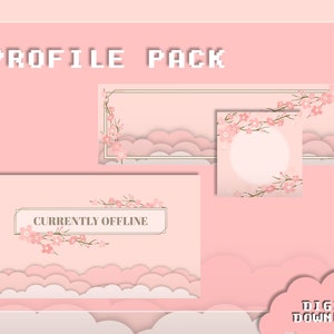 桜 チェリー ブロッサム Twitch プロフィール パック – バナー、アバター フレーム、静的/アニメーション オフライン シーン、15 パネル + 1 空パネル | Pink Clouds