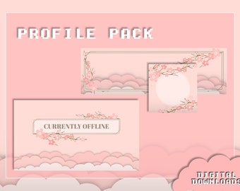 Sakura Cherry Blossom  Twitch Profile Pack – Banner, Avatar frame,  Static/Animated Offline Scenes,  15 Panels + 1 Empty Panel | Pink Clouds