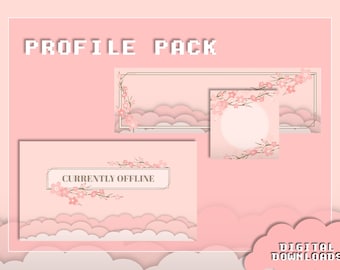 Sakura Cherry Blossom  Twitch Profile Pack – Banner, Avatar frame,  Static/Animated Offline Scenes,  15 Panels + 1 Empty Panel | Pink Clouds