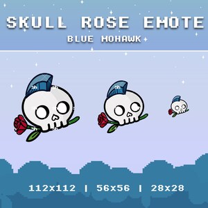 Könnte beinhalten: Ein Cartoon-Schädel mit einem blauen Irokesenschnitt und einer roten Rose, erhältlich in drei Größen: 112x112, 56x56 und 28x28 Pixel.