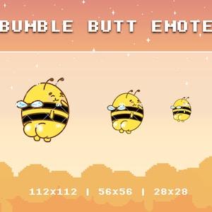May include: Three cartoon bees with black and yellow stripes, wearing sunglasses, and smiling. The bees are different sizes, with the largest bee measuring 112x112 pixels, the middle bee measuring 56x56 pixels, and the smallest bee measuring 28x28 pixels. The text "BUBBLE BUTT EMOTE" is at the top of the image.
