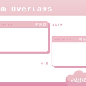 May include: Two pink pixelated webcam overlays with the text "webcam.exe" in the title bar. The overlay on the left is labeled "16:9" and the overlay on the right is labeled "4:3".