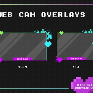 May include: Two digital webcam overlays with a pixelated design. The overlays are in a 16:9 and 4:3 aspect ratio. The overlays are black with a purple border and a pink webcam label. The overlays have a green and blue pixelated heart design.