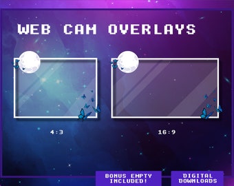 Könnte beinhalten: Zwei Webcam-Overlays mit einem lila und blauen Galaxie-Hintergrund. Die Overlays sind weiß mit einem Mond und blauen Schmetterlingen. Das Overlay links ist mit 4:3 beschriftet und das Overlay rechts mit 16:9.