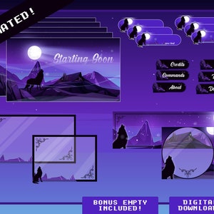 Może przedstawiać: Animowany zestaw nakładek Twitch w fioletowo-niebieskiej kolorystyce. Nakładka przedstawia wilka wyjącego do księżyca w górzystym krajobrazie. Zestaw zawiera ekran „wkrótce rozpocznie się”, panele, powiadomienia i przyciski do informacji o twórcy, poleceń, informacji o kanale, FAQ, darowizn i discorda.