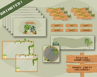 Op de afbeelding: Een set digitale illustraties met houten borden met planten en wijnstokken. De borden bevatten tekst zoals "nieuwe host", "nieuwe abonnee", "over", "discord", "faq", "credits", "doneren", "commando's", "digitale downloads" en "bonus leeg inbegrepen!"