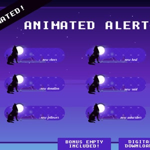 Howling Wolf Full Moon Twitch Stream Alerts x 6 | New Follower |New Subscriber | New Cheer | New Donor | New Raid | New Host |  Live Game |