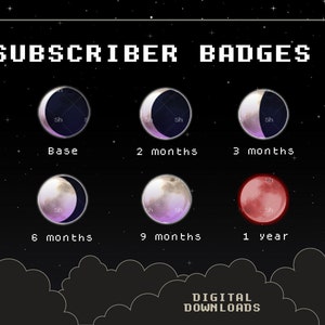 Sub / Bit Badges For Twitch or YouTube x 6 | Moon Phases | Lunar Cycle | Blood Moon | Subscribers | Midnight | Night | New Moon | Streaming