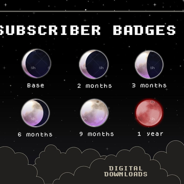 Sub / Bit Badges For Twitch or YouTube x 6 | Moon Phases | Lunar Cycle | Blood Moon | Subscribers | Midnight | Night | New Moon | Streaming