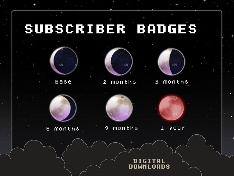 Sub / Bit Badges For Twitch or YouTube x 6 Moon Phases Lunar Cycle Blood Moon Subscribers Midnight Night New Moon Streaming image 1