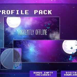May include: A digital profile pack featuring a purple and blue galaxy background, white moons, and blue butterflies. The text "Currently Offline" is displayed on the top banner. The pack includes a profile picture, banner, and bonus empty banner.