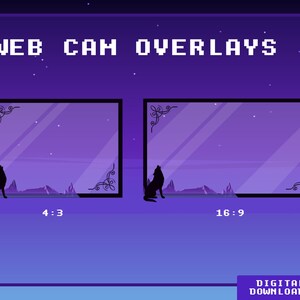 May include: Two digital webcam overlays featuring a wolf silhouette howling at the moon against a purple and blue night sky. The overlays are in 4:3 and 16:9 aspect ratios. The text "WEB CAM OVERLAYS" is at the top of the image. The text "DIGITAL DOWNLOADS" is at the bottom of the image.