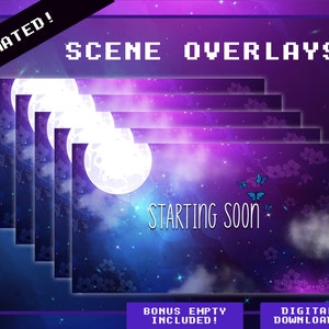 Puede incluir: Superposiciones de escena animadas con un fondo de galaxia púrpura y azul, una luna blanca y mariposas azules. El texto "Starting Soon" está en el centro de la imagen.