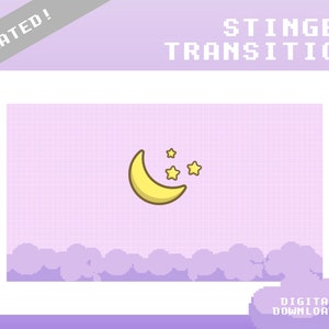 Könnte beinhalten: Animierte Stinger-Transition mit einem gelben Halbmond und drei gelben Sternen auf einem hellvioletten Hintergrund mit einem Pixelmuster. Am unteren Rand des Bildes befindet sich eine Reihe von hellvioletten, pixeligen Wolken.