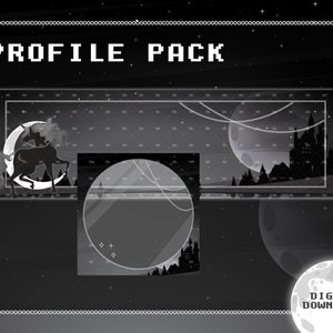 May include: A black and white digital profile pack with a unicorn, a crescent moon, a castle, and stars on a dark background. The text "PROFILE PACK" is in white pixelated letters at the top of the image. The text "DIGITAL DOWNLOADS" is in white letters on a white moon at the bottom right of the image.