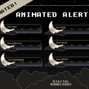 Midnight Moon Complete Twitch Stream Overlay Pack Animated Stream Bundle Stream Overlays Alerts Panels Stars Night Sky Celestial image 3