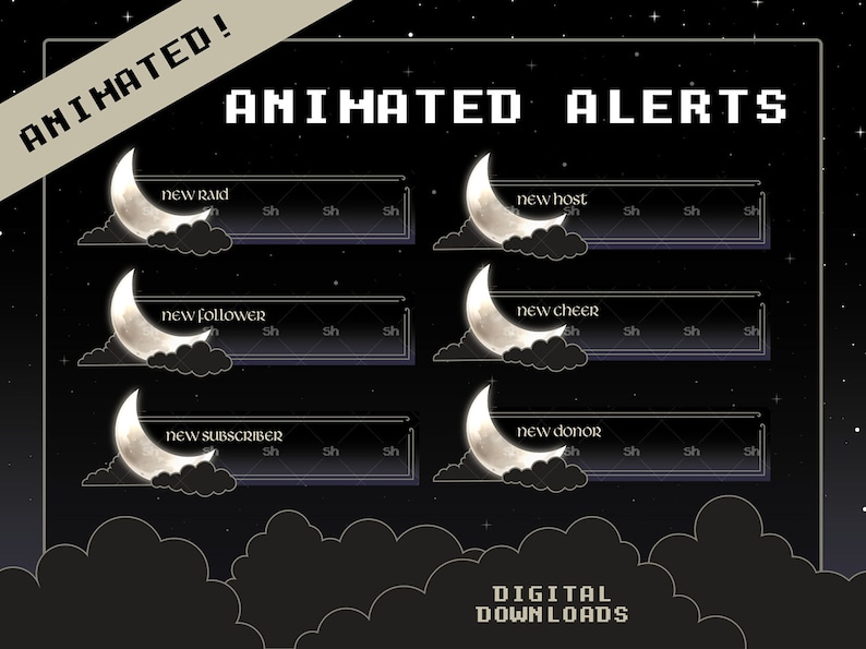 Midnight Moon Complete Twitch Stream Overlay Pack Animated Stream Bundle Stream Overlays Alerts Panels Stars Night Sky Celestial image 3