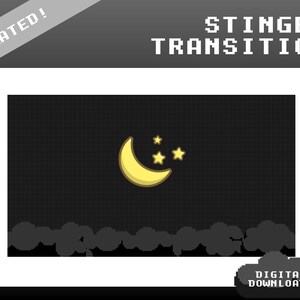 Könnte beinhalten: Animierte Stinger-Transition mit einem gelben Halbmond und drei gelben Sternen auf schwarzem Hintergrund mit einem Rastermuster. Der Text "STINGER TRANSITION" befindet sich oben im Bild und der Text "ANIMATED!" oben links im Bild.