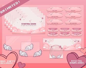Flecha de Cupido Paquete completo de superposición de transmisión de Twitch animado / Paquete de transmisión / Superposiciones de transmisión / Alertas / Paneles / Día de San Valentín / Amor / Nubes
