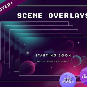 May include: Animated scene overlays with a space theme. The overlays feature a dark purple background with pink and blue planets, stars, and a white text box that says "Starting Soon! Get Ready! Stream is starting soon!"