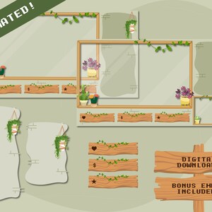 May include: Animated digital download set of wooden frames with hanging plants and vines. Includes three different sizes of frames, three wooden planks with heart, dollar sign, and star icons, and two blank frames with hanging plants. The text "DIGITAL DOWNLOADS BONUS EMPTY INCLUDED!" is on a wooden sign.